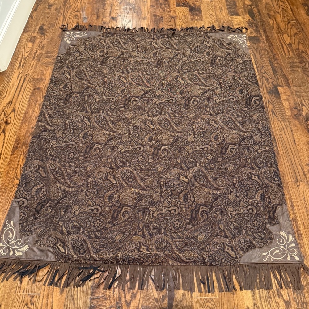 Vintage Western Jacquard soft Microfiber Blanket 66x52 Faux Leather FRINGE